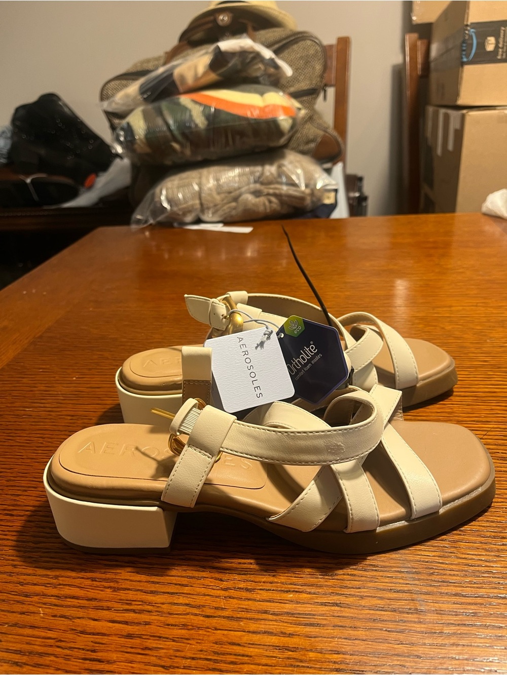 AEROSOLES Cream Strappy Low Block Heel Sandal